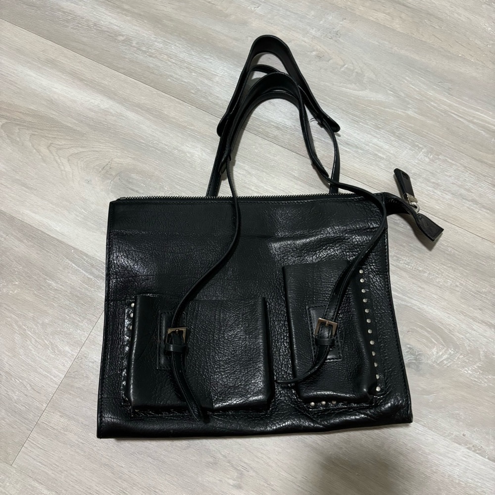 Bally Black Vintage Leather Shoulder Bag with Silver Grommets